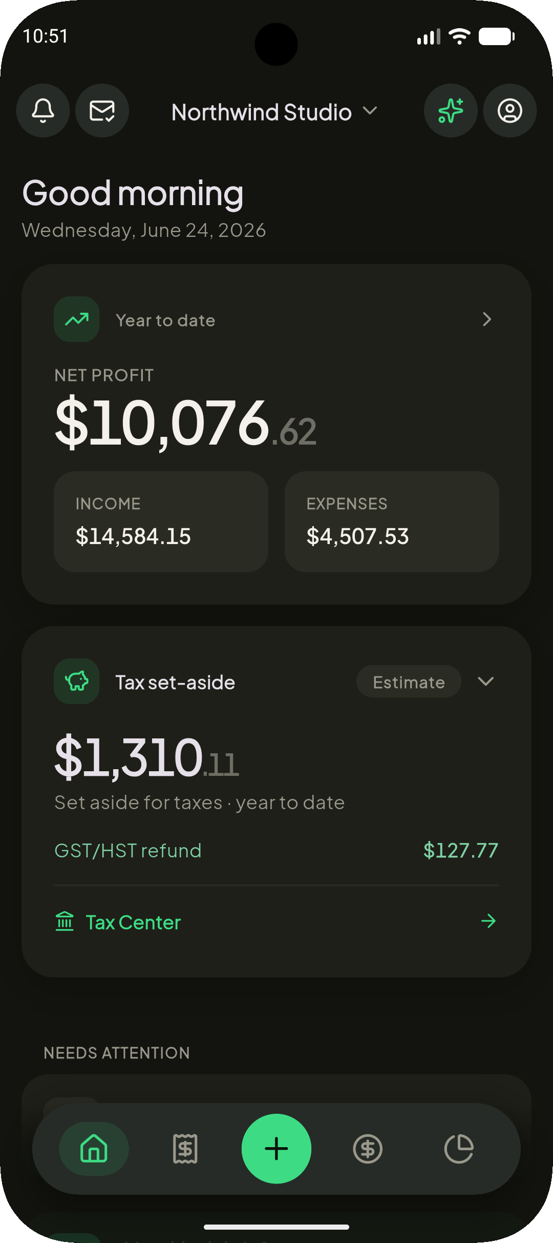 The LedgerSnap home dashboard for Northwind Studio: year-to-date net profit, income and expenses, and a tax set-aside with a GST/HST refund.